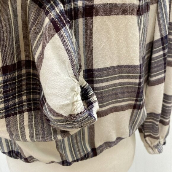 Anthropology Cloth &Stone Dark Purple Cream Plaid Elastic Neck Waist Crop Top-PS - Picture 5 of 12